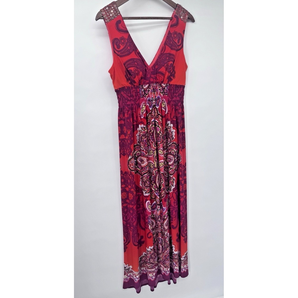 Bisou Bisou Sleeveless Beaded Paisley stretch Maxi Dress V Neck 12 resort beach